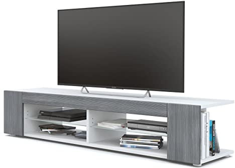 Vladon Mueble TV Movie, Cómoda TV con 4 Compartimentos Abiertos y Franjas Decorativas, Blanco Mate/Avola Antracita (134 x 29 x 39 cm)