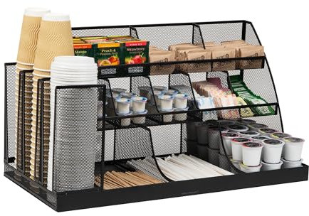 Mind Reader - Estación de tazas y condimentos para encimera de cocina, barra de cafetería, cocina, malla metálica, de unos 60 cm de largo x 29 cm de ancho x 32 cm de alto, color negro