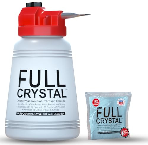 Full Crystal Kit - Bottle, Lid with Hose Attachment, and 4 oz. Crystal Powder Exterior Window Cleaner Packet for Glass and Screens (Cleans Up To 20 Windows)