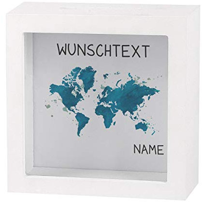 Herz & Heim® Spardose als Bilderrahmen - Weltenbummler - individuell für Sie erstellt mit Namen und Wunschtext