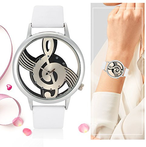 VGEBY1 Analoge Uhr, Hohle Musiknote Zifferblatt Runde Quarz Liebhaber Armbanduhr Casual Uhr für Männlich Weiblich(Weißer Riemen) Damenuhr
