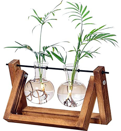Kingbuy Vase en verre avec support en bois massif rétro et support pivotant en métal pour bureau, décoration de mariage avec support en bois rétro (1 ampoule) 2 Bulb Vase