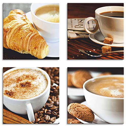 ARTLAND Wanddeko Küchenbilder Leinwand Bilder Set 4 teilig je 30x30 cm Quadratisch Kaffee Bilder Kaffeetassen Zeitung Milchkaffee D1GU