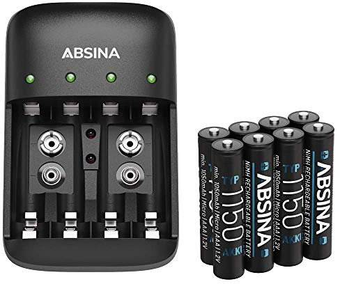 ABSINA Akku Ladegerät AA AAA & 9V Block inkl. 8X AAA 1150 Akkus - NiMH Ladegerät Akku Batterien 4-Fach für aufladbare Batterien - Batterien wiederaufladbar mit Ladegerät - Batterie Ladegerät Set