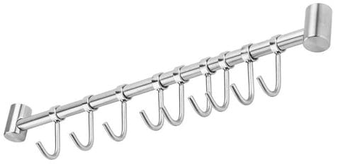 INTIRILIFE Hängeleiste für die Küche aus Edelstahl mit 9 beweglichen Haken zum Bohren - 49.8 x 3.4 x 2.2 cm - Küchen Reling Hakenleiste Halter Küchen Utensilien Stange Tassenhalter Wandhalterung