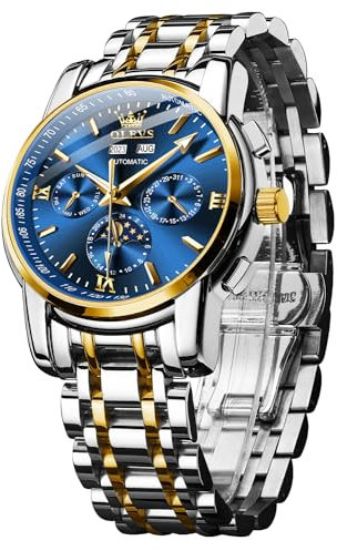 OLEVS Automatic Watches for Men Slef-Wind Mechanical Blue Face Luxury Classic Moon Phase Stainless Steel Waterproof Luminous Wrist Watch