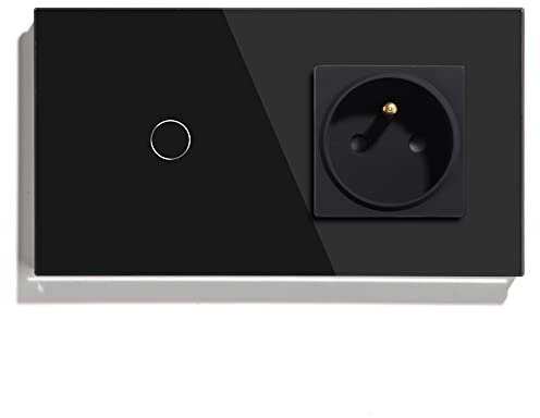 BSEED Normal Prise Standard Français avec Interrupteur à Capteur Tactile Intelligent Alexa WIFI 16Amp Double Prise D'Alimentation Vitre 1 Gang 1 Voie Applique Murale Noir