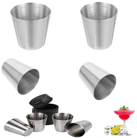 gotyou Pequeño Vaso de Metal, Vasos de Chupito Apilables con Funda de piel, 30 Ml Vasos de Acero Inoxidable, 30ml Tazas Camping, para Picnic Viajar Reutilizable, 4 Copas de Vino + 1 Manga de Vino
