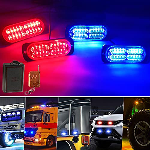 yifengshun 4x20 LED Lumiere Calandre Voiture 18 Modes Stroboscopiques Urgence Clignotant Balise Lampe Rouge&Bleu Avec TéLéCommande Sans Fil Pour 12-24V Voitures Camions Fourgon Tracteurs LED Lumière
