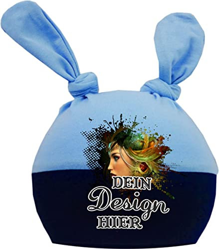 Kleiner Fratz Baby 2-Zipfelmütze Multicolor (hellblau-Navy) (Gr. 2 (KU: 39-53)) mit deinem Wunschtext