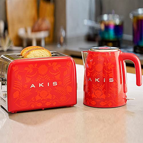 AKIS La Fête Design Grille-pain et bouilloire en acier inoxydable Rouge avec motif floral style baroque