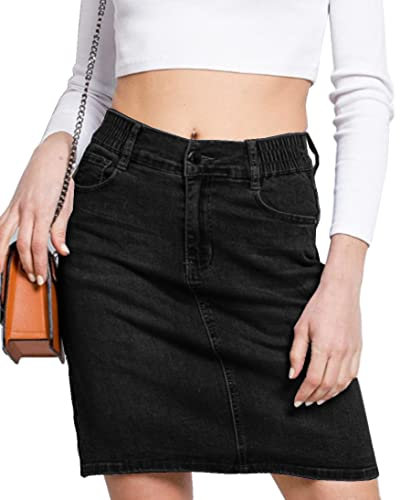 Van Der Rich ® - Gonna di Jeans al Ginocchio con Elastico in Vita - Donna (Nero, EU44)