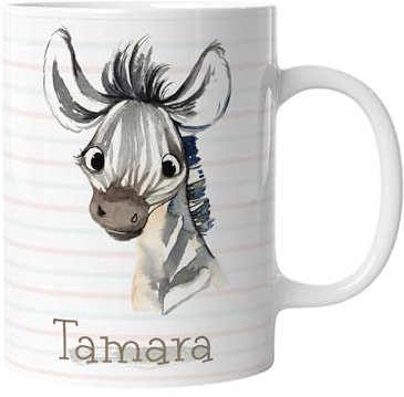 timalo® Kindertasse Tasse Tiere mit Namen personalisiert | Motiv Zebra mit Wunschname für Kinder Geschenk zur Einschulung, Weihnachten, Nikolaus | mug-t-05