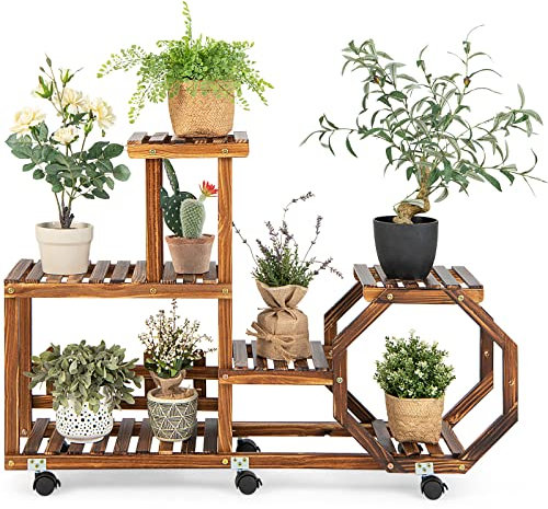 COSTWAY Pflanzenregal Blumenregal, Blumenständer auf Rollen, Garten Blumentreppe Holz, Pflanzentreppe mehrstöckig, Holzregal Pflanzenständer, für Balkon Garten Terrasse (107x29x74 cm)