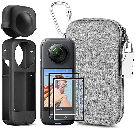 7in1 Kompatibel mit Insta360 X3 Zubehör Kit[Silikon Kamera Case Cover und Objektivkappe][2Pcs 3D Screen Protector Film][Tragetasche mit Auto Locking Karabiner und Anti-Loss Lock]
