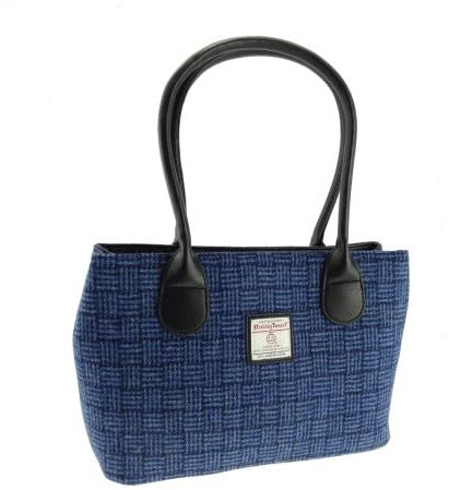 Harris Tweed Damen Handtasche 'Cassley' Klassische Handtasche - 'Cassley' Klassische Handtasche - Druckknopfverschluss - Lederriemen - Umhängetasche - Made in Scotland - GA LB1003, Blaues Korbgeflecht