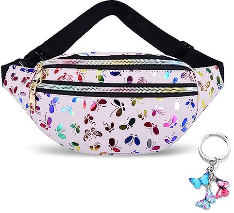 1 Gürteltasche Kinder Mädchen Bauchtasche Damen Glitzer Schmetterlingsdruck Mode Wasserdicht Rosa Fügen Sie einen Schlüsselanhänger hinzu