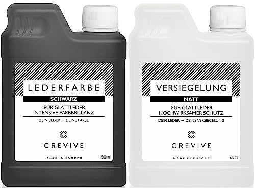 CREVIVE Lederfarbe Schwarz 500 ml & Leder Versiegelung Matt 500 ml – für Echtleder zum färben und umfärben - zum Schutz und zur Fixierung von Leder Farbe - Lederfarbe Sofa - Lederfarbe Auto