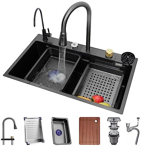 Fregadero de Cocina en Cascada de un Solo tazón Fregadero de Barra de Acero Inoxidable con Grifo extraíble, arandela de Taza elevadora Tabla de Cortar y Otros Accesorios