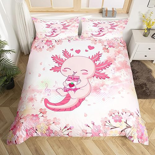 Nette Axolotl Kinder Bettbezug Set S Größe,Cartoon Salamander Tiere Bettwäsche Set,Mädchen Jungen Erwachsene,Sakura Kirschblüte Ukiyoe Trostbezug,Rosa romantische Quilt Cover,1 Kissenbezug