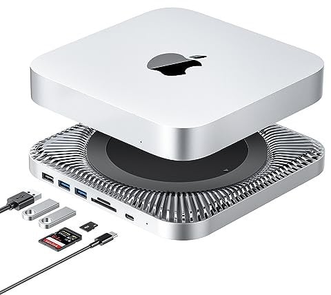 RayCue Hub Mac Mini et support de type C avec boîtier SSD – Support Mac Mini M1/M2 avec SSD SATA de 2,5, port de données USB-C, double ports USB 3.0/2.0, lecteurs de cartes micro/SD