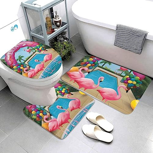 HaLvah Badezimmerteppich, Badteppiche für Badezimmer, Flamingo und Schwimmbad, 1 rutschfeste Badematten, Badezimmerteppich-Set, 3-teilig, saugfähig, Badematte, WC-Vorleger für Badezimmer, Plüsch,
