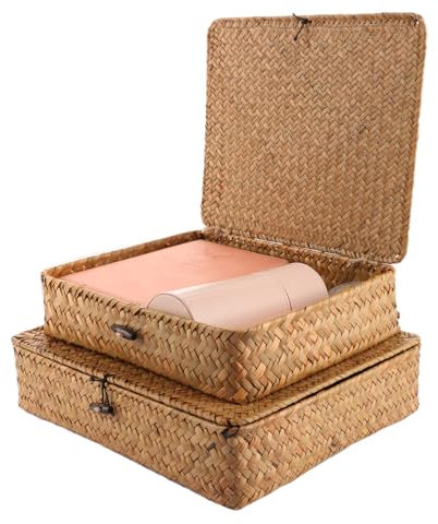 WOPPLXY 2 Stück Korb mit Deckel, 28 x 24x x 6,5cm/32 x 28 x 7cm Rattan Korb mit Deckel, Seegraskorb aus Geflochtenem Rattan für Wohnzimmer, Badezimmer, Küche
