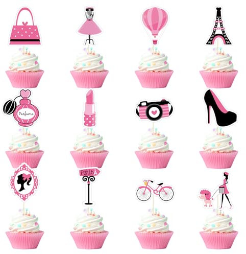 24 Pcs Pink Paris Princess Theme Cupcake Toppers for Girls Birthday Party Handbag Eiffel Tower Lipstick Tie High Heel Cupcake Decorations for Bridal Baby Shower Birthday Wedding Party Supplies