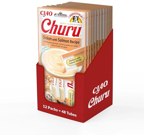 INABA Churu Püree Katzen-Leckerli - Katzenpaste zum Füttern aus der Hand - Katzensticks mit Huhn & Lachs - 12 Packung / 48 Sticks