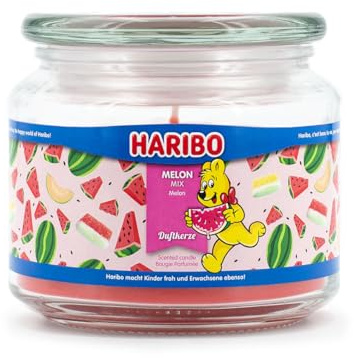 HARIBO Duftkerze im Glas mit Deckel | Melon Mix (300g) | Duftkerze Fruchtig | Kerze lange Brenndauer bis 60h | Kerzen Rot | Geschenkidee für Frauen, Geburtstag