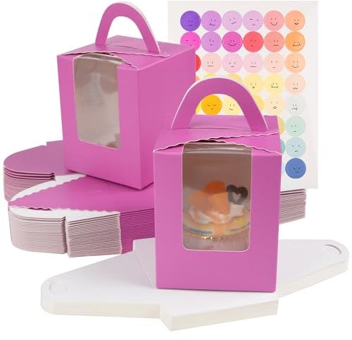 KEYIDO 30 Pcs Individual Cupcake Boxes Purple Single Cupcake Boxes 1 Hole Cake Box with Clear Window Inserts and 2 Sheets of Stickers for Wedding Birthday Party Favors