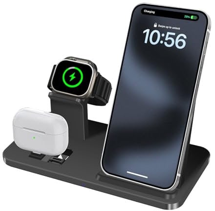 3 in 1 Wireless Charger Charging Station 15W Fast Charge Stand for iPhone 16 15 14 13 12 11 Pro Max XS XR 8 Plus,AirPods Pro2/Pro/4/3/2/1,Apple Watch Series 10/Ultra 2/9/8/7/6/SE/5/4/3/2,Black