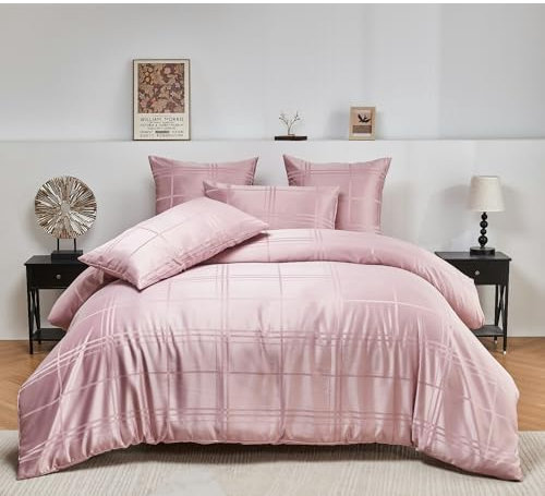 Housse de Couette Satin 220x240 Rose Adulte 2 Personnes Trellis Parure de lit Satin Sets de Parure Housse Couette Géométrique avec 2 Taies d'oreiller 65x65cm avec Fermeture Éclair