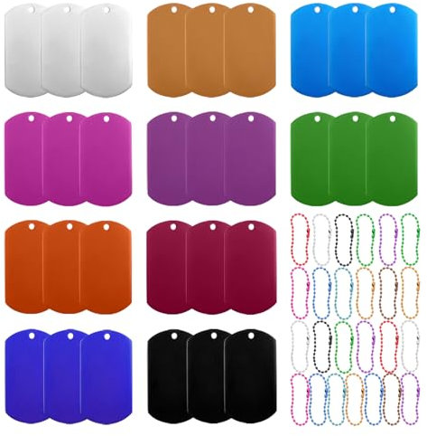 Lot de 30 plaques d'identification colorées, 25 chaînes ondulées, étiquettes d'identification pour animaux de compagnie, étiquettes perforées, carrées en aluminium, étiquettes vierges pour animaux de