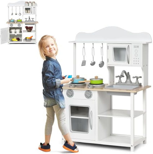 HOMASIS Cocina Infantil de Madera, Juego de Cocina Infantil con Accesorios y vajilla, Cocina de Juguete con Fregadero Cocina Horno microondas, Mini Cocina para niños de 3+ años, 60x30x83 cm, Blanco