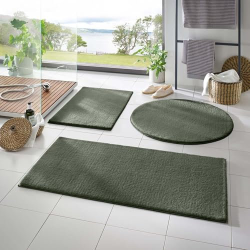 Taracarpet Badematte Fiona rutschfest waschbar Badezimmerteppich sehr weich und als Set kombinierbar Uni dunkel grün 080 cm rund