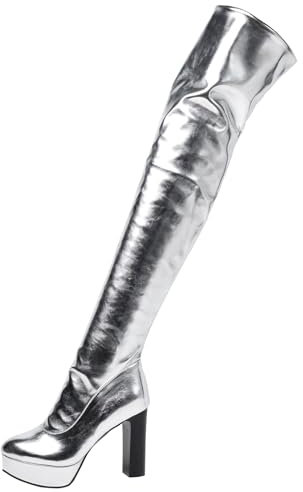 Gicoiz Donna Punta Rotonda Tacco Chunky Sopra Il Ginocchio Eleganti Stivali Alti Comodo Sposa Plateau Inverno Festa Warm Thigh Stivali Alti Argento Numero 36 EU