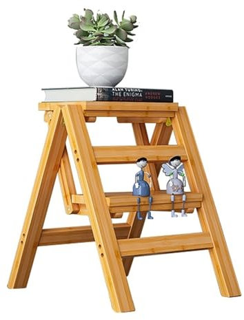 MVXBICIA Folding Wooden Ladder Chair - 2 Steps, Multifunctional & Moveable Step Stool for Home, Kitchen & Library Use