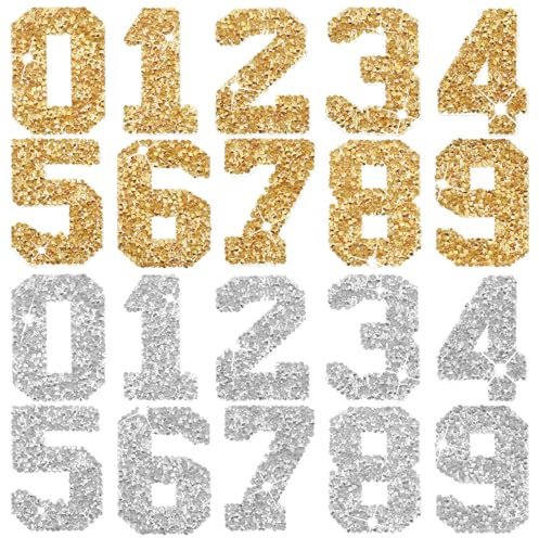 20 Pcs Rhinestone Number Patches 0-9 Gold Silver Number Iron On Patches Glitter Iron On Number Patches for DIY Clothing Hat Backpack Clothing Repair