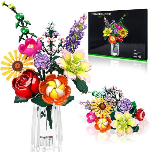 IKIDSUN Juego de 9 bloques de construcción de flores, 9 flores artificiales para flores, ramo de bloques de construcción, regalos para el día de la madre, cumpleaños, día de San Valentín, día de