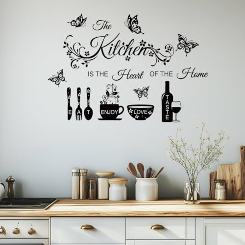 ANATTASOUL Vinilo Adhesivo Pared Utensilios de Cocina y Mariposa Vinilo Decorativo Cocina Adhesivos Pared Dormitorio Salón Comedor Baño