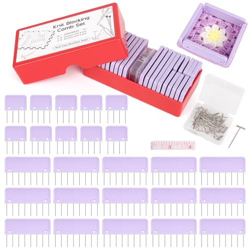 Aeelike 55 Pcs Kammnadeln zum Spannen Strickblocker mit 30 T-Nadeln, Spannnadeln Stricken zum Spannen von Strickwaren Häkelarbeiten Lacetücher, Strick-Blockierkämme Spannnadeln Zum Blockieren, Lila