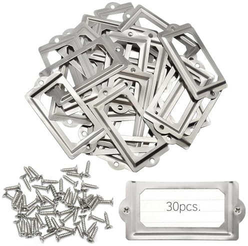 Ruidee 30 Stück Etikettenhalter aus Metall, 70 x 33 mm, Etikettenrahmen für Karten (Etikettenhalter mit Schrauben) für Möbel, Schubladen, Schränke, Bücherregal, Namenskarte (IBQK-Silver-70)