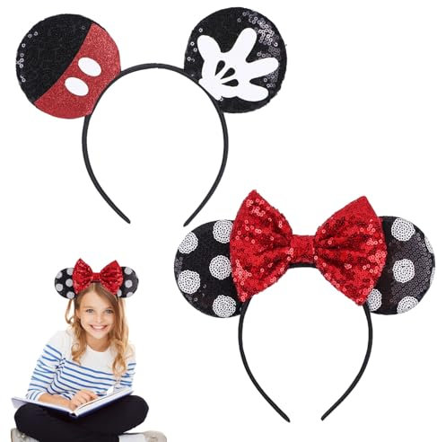 Mouse Ears, Mouse Ears Headband, 2 Pcs Bow Headband Birthday Party Decoration, Cartoon Club Christmas Party Cosplay, for Kids Girls Women Fancy Dress Costume Decoration (2)