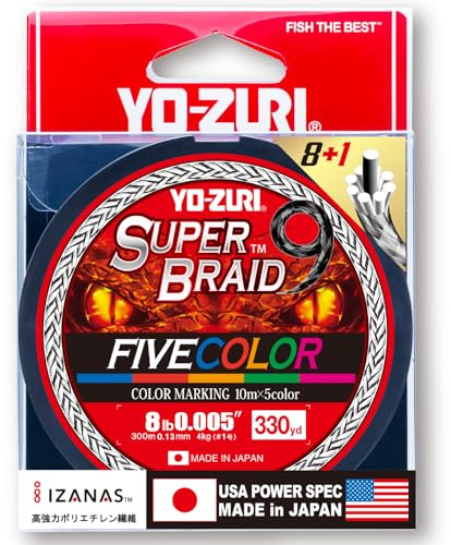 YO-ZURI SUPERBRAID 9 - Floating Braided Fishing LINE, 330 YD, 5 Color, 8 LB