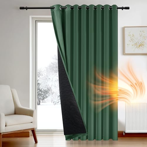 Deconovo Thermovorhang Kälteschutz, Gardinen mit Ösen gegen Kälte, Wärmeisolierend Vorhang Verdunkelung Wohnzimmer, 160x280cm(HöhexBreite), Dunkelgrün, 1 Stück