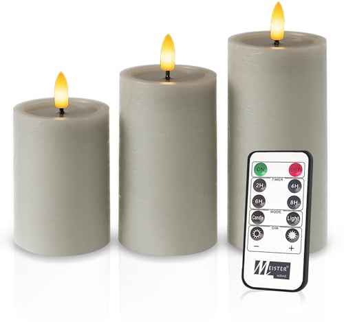 Meisterhome® LED-Kerzen 3er-Set Grau – Flammenlos - mit flackernder Flamme – Rustik Design – Stumpenkerzen mit Fernbedienung & Timer – Batteriebetrieben – Warmweiß – 10/12,5/15 cm Hoch