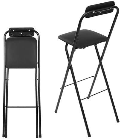 Faltbar Bar Hocker, Metall Tresenhocker, Tragbarer Klappstuhl Mit Rückenlehne, 50 55 60 65 80 85 cm Sitzhöhe, Belastbarkeit 150 Kg, Frühstücksstuhl, Ohne Montage, Platzsparend(Black,H55cm)