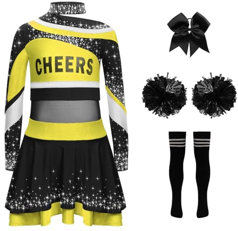 Hedmy Mädchen Cheer Leader Outfit Cheerleading Uniform Glitzer Strass Top Rock Pompoms Socken Haargummi 5er Set Gelb Schwarz 134-140