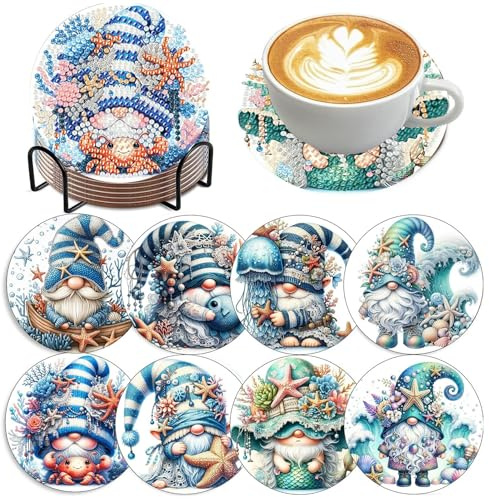 8 Pièces Peinture Diamant Dessous de Verre Noël, Diamond Painting Noel Dessous de Verre avec Support, Huit Motifs de Noël, Ensembles D'artistes, Décoration de Table Festive, pour Tasses, Vases